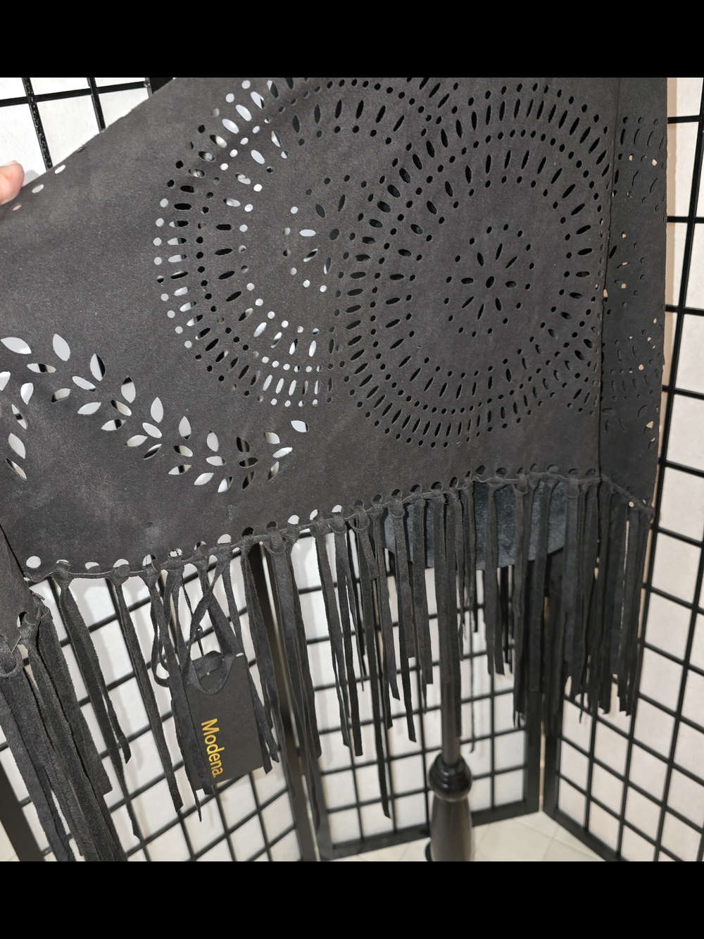 ​Modena Black Faux Suede Laser Cut Fringe Shawl Wrap Mandala Boho Festival NWT